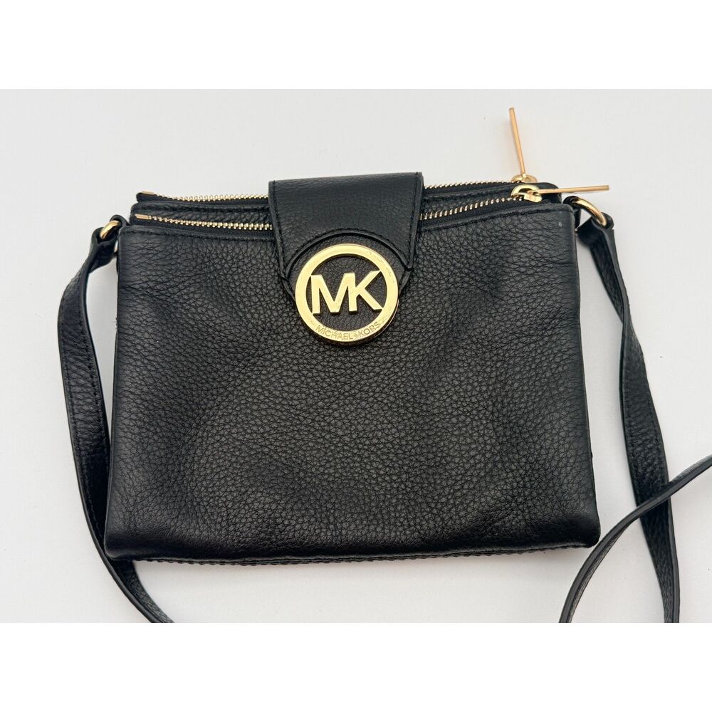 Michael Kors Black Leather Crossbody Purse Gold MK